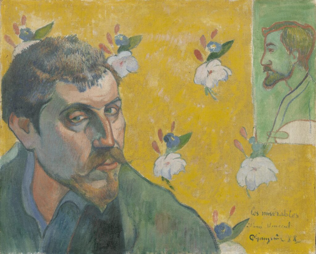 Пол Гоген - Аутопортрет (1888) са портретом Емила Бернара (у улози Жана Валжана, протагонисте „Јадника”) у позадини, за Винсента Ван Гога